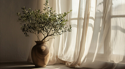 Weathercore Style Wooden Vase with Olive Tree Under Sheer Window Cover, Beige Tones