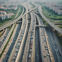 Fototapeta premium Expressway top view, Road traffic an important infrastructure