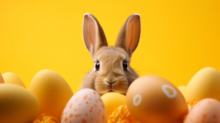 Ein süßer Hase schaut hinter Ostereiern hervor.