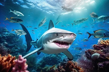 Shark Swimming Majestically in Vibrant Coral Reef Ecosystem