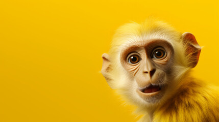 Kleiner süßer Affe schaut erstaunt mit offenem Mund. Gelber Hintergrund. - obrazy, fototapety, plakaty