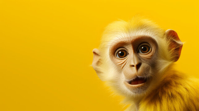 Kleiner s&uuml;&szlig;er Affe schaut erstaunt mit offenem Mund. Gelber Hintergrund.