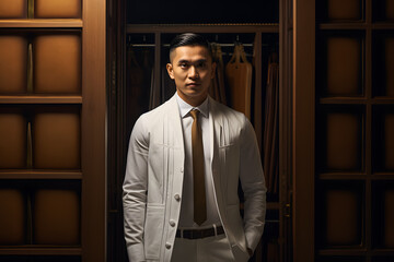 Portrait of a handsome asian man in a white suit standing in a wardrobe