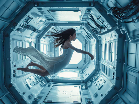Young, beautiful lady defying gravity in a creative underwater photoshoot, capturing the essence of weightlessness in a stunning image. Surreal zero gravity flying in a futuristic spacecraft interior