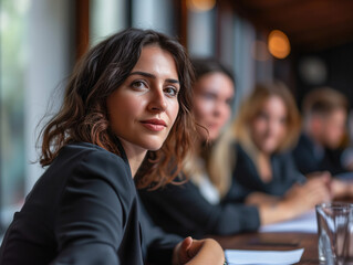Confident and focused, a leader speaks to business professionals during negotiations. Whether conducting a meeting or persuading in a job interview, she's a businesswoman, teacher, and mentor coach