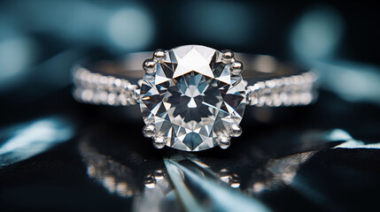 Platinum Silver Diamond Ring - Solitary Perfect Center Cut diamond with a pinched ribbon halo diamond band