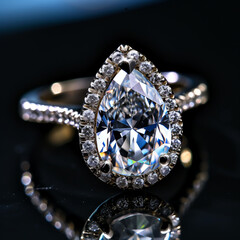 Diamond ring with a halo of diamonds around the center stone and on the band.