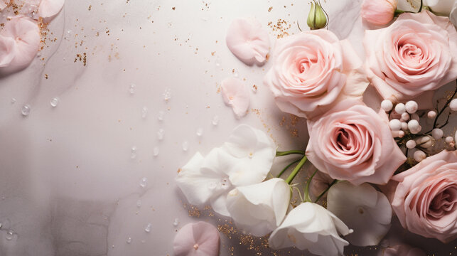 bouquet of roses with drops for background, product flat lay, invitation, greeting card, notepad, or decor