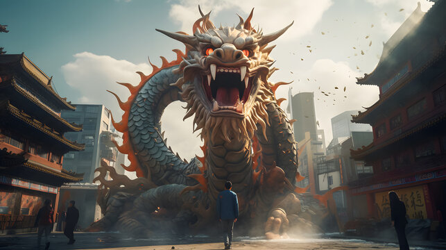 3D chinese dragon on the street in the city while chinese new year festival. Chinese Dragon Background