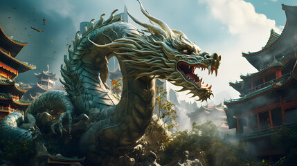 Fototapeta premium Dragon statue in the forbidden city, beijing. Chinese new year festival on blue sky background. chinese dragon zodiac