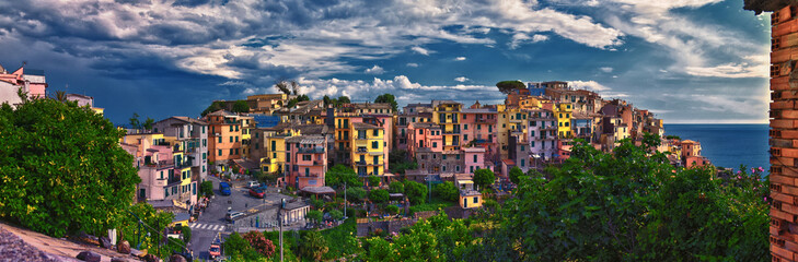 Cinque Terre views from hiking trails of seaside villages on the Italian Riviera coastline. Liguria, Italy, Europe. 2023 Summer.  - obrazy, fototapety, plakaty