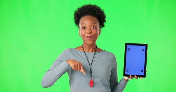 Tablet, green screen and woman face with hand pointing in studio for fitness, sign up for membership on mockup background. Space, portrait and African female sports coach show contact, info or promo