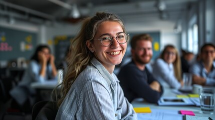 Fototapeta na wymiar Woman in glasses smiling in the office.
