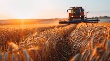 A combine harvester is working on a wheat field at sunset. - obrazy, fototapety, plakaty