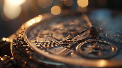 Detailed close up of an analog metal clock to represent time management - obrazy, fototapety, plakaty