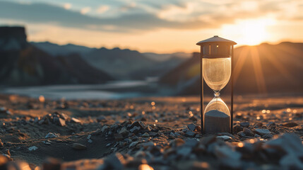 Hourglass egg-timer in the desert sand to represent time management  - obrazy, fototapety, plakaty