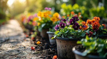 A garden with many colorful pots of flowers. - obrazy, fototapety, plakaty