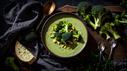 Appetizing cream of broccoli soup on the table lunch - obrazy, fototapety, plakaty