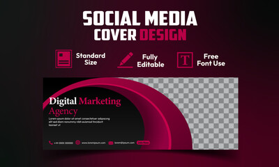 Red and black social media cover template design with red wavy shapes