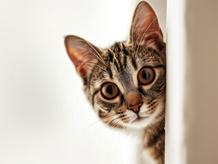 Curious Tabby Cat Peeking Around Corner with Big Eyes