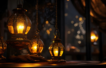 "Elegant illustration for Eid al-Fitr and Ramadan background, featuring Islamic patterns, lanterns, and crescent moon. Perfect for festive designs and celebrations