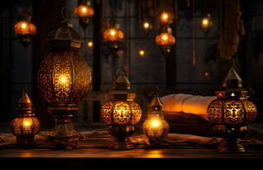 "Elegant illustration for Eid al-Fitr and Ramadan background, featuring Islamic patterns, lanterns, and crescent moon. Perfect for festive designs and celebrations
