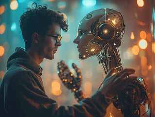 Futuristic Encounter: Human and Robot Connection in Neon Glow. A man uses smart AI technology to interact with an AI robot, showcasing the transformative power of futuristic technology