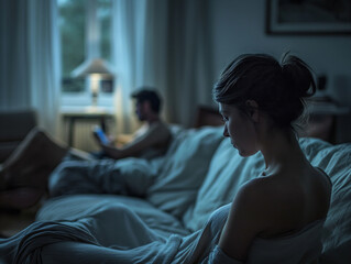 Fototapeta premium Intimate Evening Atmosphere with Couple sitting separately in Bedroom