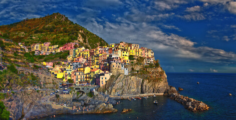 Cinque Terre views from hiking trails of seaside villages on the Italian Riviera coastline. Liguria, Italy, Europe. 2023 Summer. 