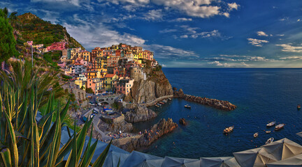 Cinque Terre views from hiking trails of seaside villages on the Italian Riviera coastline....
