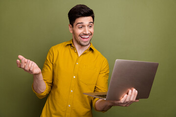 Photo of nice positive man chief ceo talking video call hiring it specialist for business company...