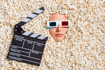 Above view photo of lady face 3d glasses clap board buried isolated on on background with full...