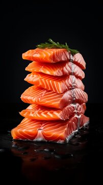 Stacked Slices of Fresh Salmon Sashimi with Herb Garnish. 