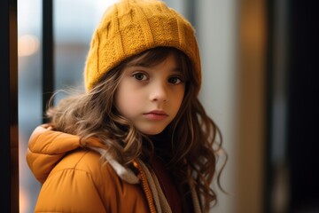 portrait of beautiful little girl in yellow hat and coat looking at camera