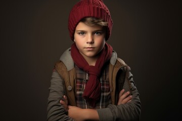 Portrait of a boy in a warm hat and scarf. Studio shot.