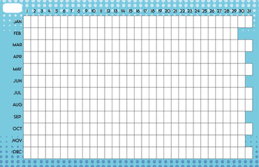 Plantilla flexible de calendario anual, color azul en inglés 