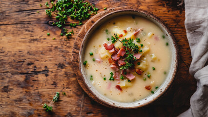 A bowl of loaded baked potato soup with ham and chiives and other seasonings.