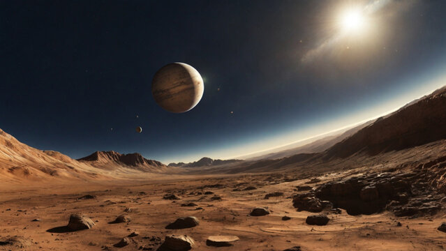 Superficie rocosa rojiza de un  planeta lejano, en el cielo se ven lunas  y su estrella o sol. Escena maravillosa  del cosmos o universo.