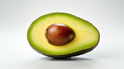 Perfectly sliced avocado half with its seed, presented in a clean and minimalist style. The image highlights the smooth texture and rich color of this nutritious fruit.
