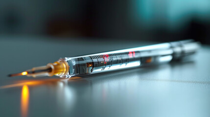 Classic glass thermometer with mercury on a reflective surface, a traditional tool for temperature measurement. The high-contrast image focuses on the precision and detail of the instrument.
