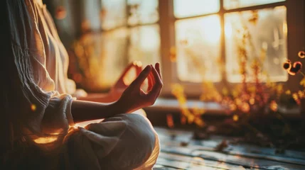Fotobehang Meditative pose captured in the golden hour light, emphasizing relaxation and inner peace. The image reflects the calmness and tranquility of a personal wellness ritual.  © Liana