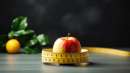 Red apple wrapped with a measuring tape on a dark background, symbolizing healthy eating and dieting. The fruit is in focus with a blurred lemon and green leaves in the background.