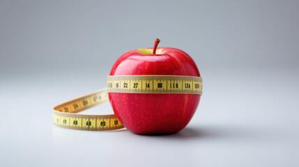 A vibrant red apple with a measuring tape, set against a gray background, conveys the concept of nutrition and diet control. The apple stands out as the focal point of this health-themed image.