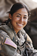 Hispanic woman wearing army universal camouflage uniform smiling