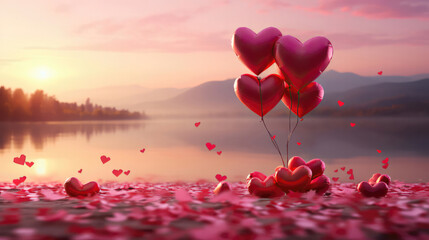 Beautiful lake with ballon's red heart and flowers in the sunshine's.