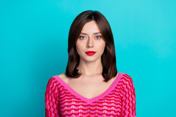 Photo of serious gorgeous lovely woman with red lips stylish hairstyle dressed pink knitwear jumper...