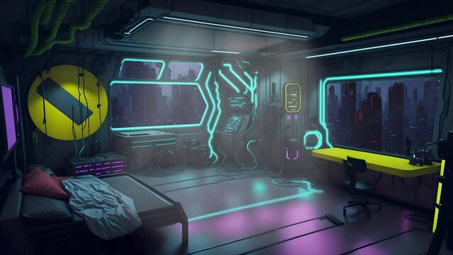 Animated Vtuber Twitch Streamer Background of a Cyberpunk Bedroom at Night