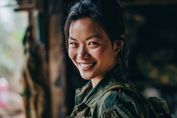 Asian woman wearing Paramilitary Forces uniform smiling