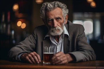 portrait of a lonely old bearded man wearing a shirt and sport jacket sitting with a drink