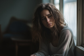 Fototapeta premium portrait of a depressed sad young woman sitting by a window